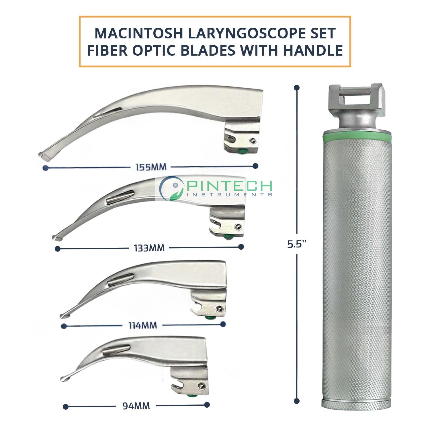 5 Pcs Macintosh Fiber-Optic Laryngoscope Set with Carrying Case - Anesthesia Airway Kit Art No PTI-LAR-167 — Surgical Instruments detail view