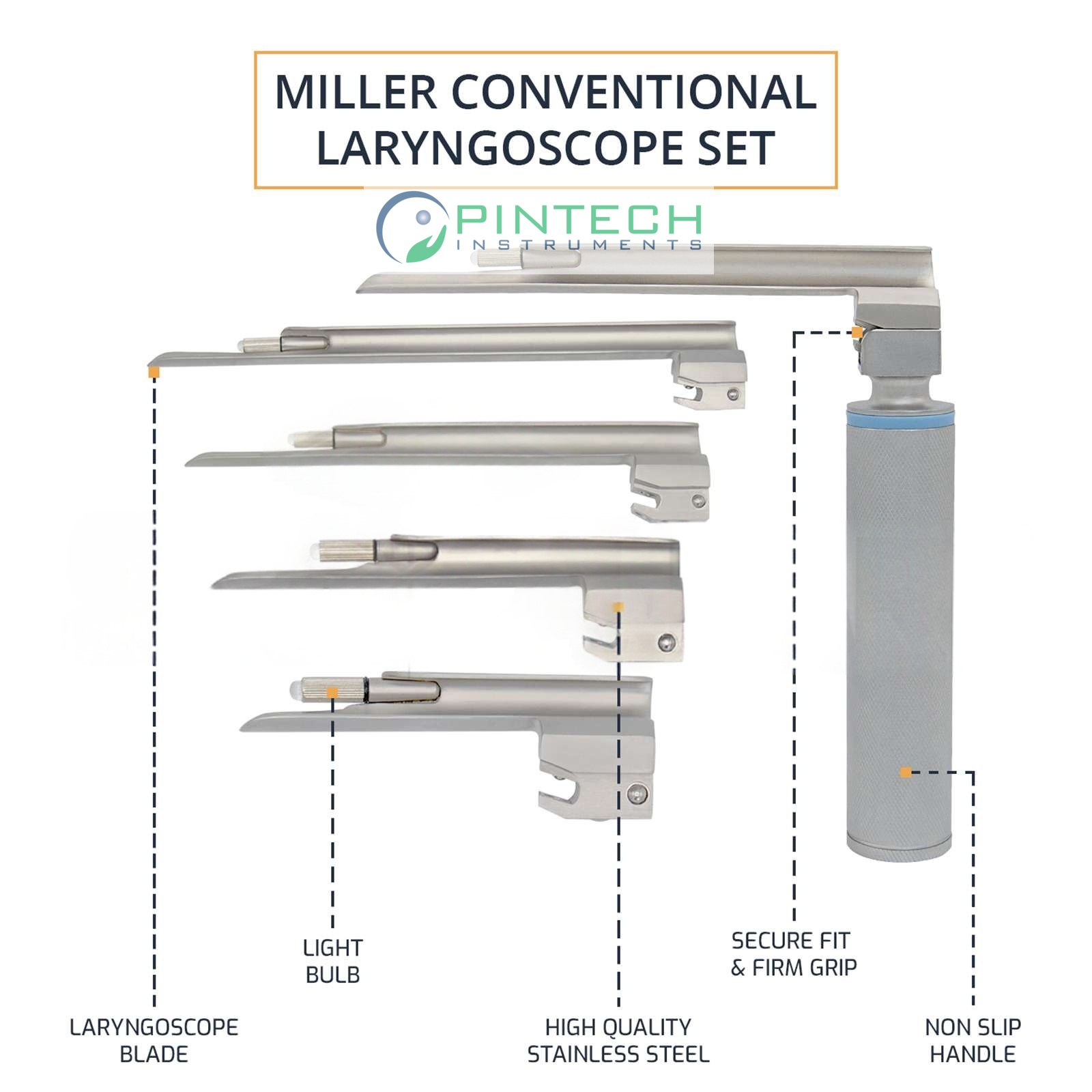 6 Pcs Conventional Miller Laryngoscope Set with Handle and Case - Anesthesia Airway Kit Art No PTI-LAR-166 — Surgical Instruments detail view
