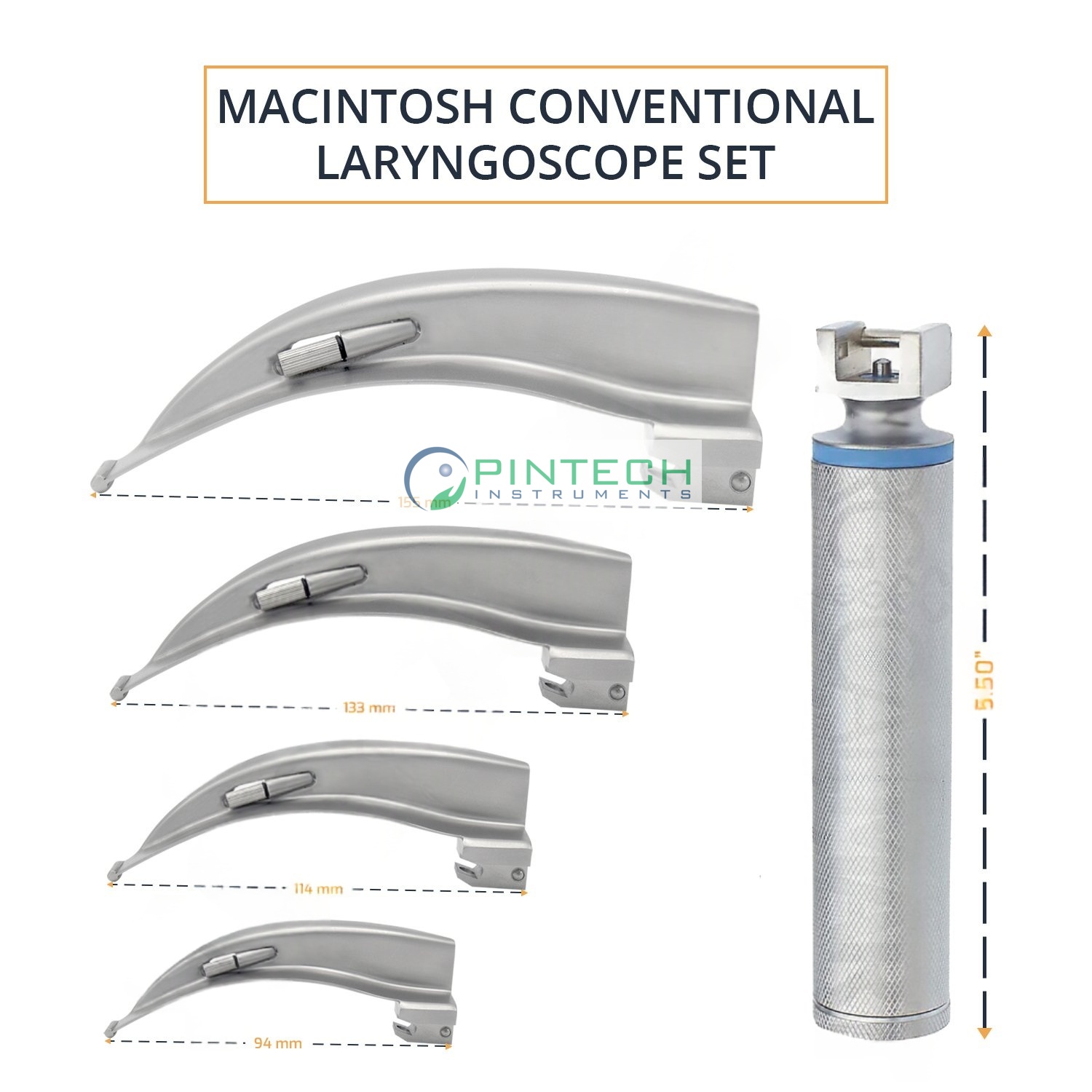 4 Pcs Macintosh Laryngoscope Set with Reusable Handle - Anesthesia Airway Kit Art No PTI-LAR-165 4 pcs — Surgical Instruments Manufacturer Sialkot Pakistan