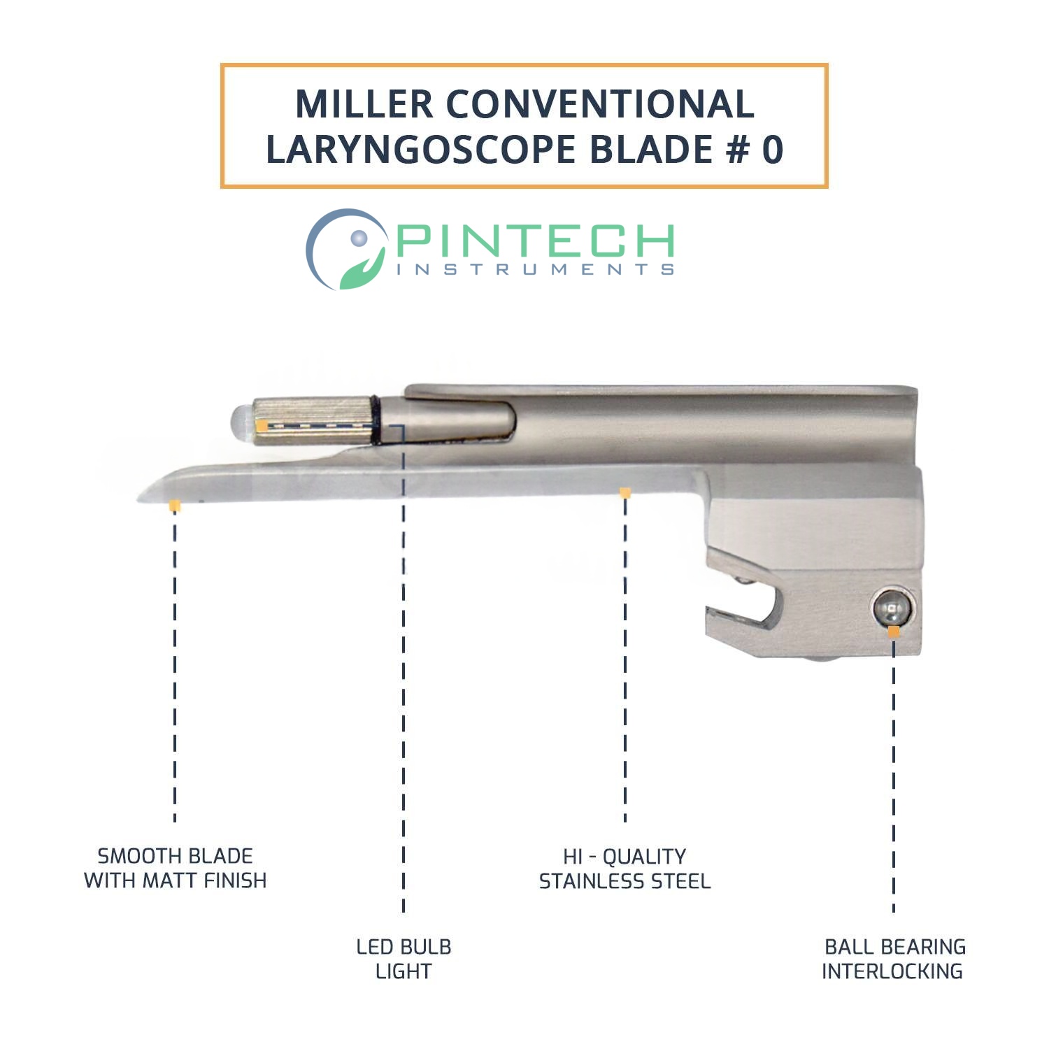 Miller Conventional Blade #0 with Medium Laryngoscope Handle - Airway Intubation Instrument Art No PTI-LAR-135 — Surgical Instruments detail view