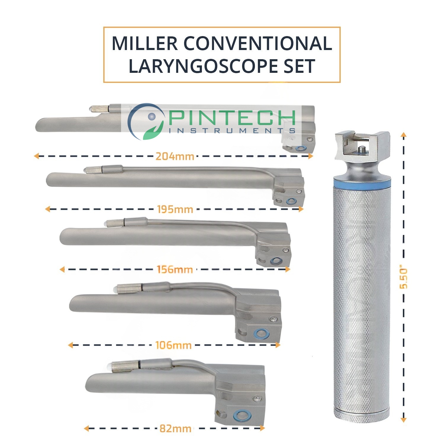 Miller Conventional Blade #4 with Medium Laryngoscope Handle - Airway Intubation Instrument Art No PTI-LAR-131 — Surgical Instruments detail view