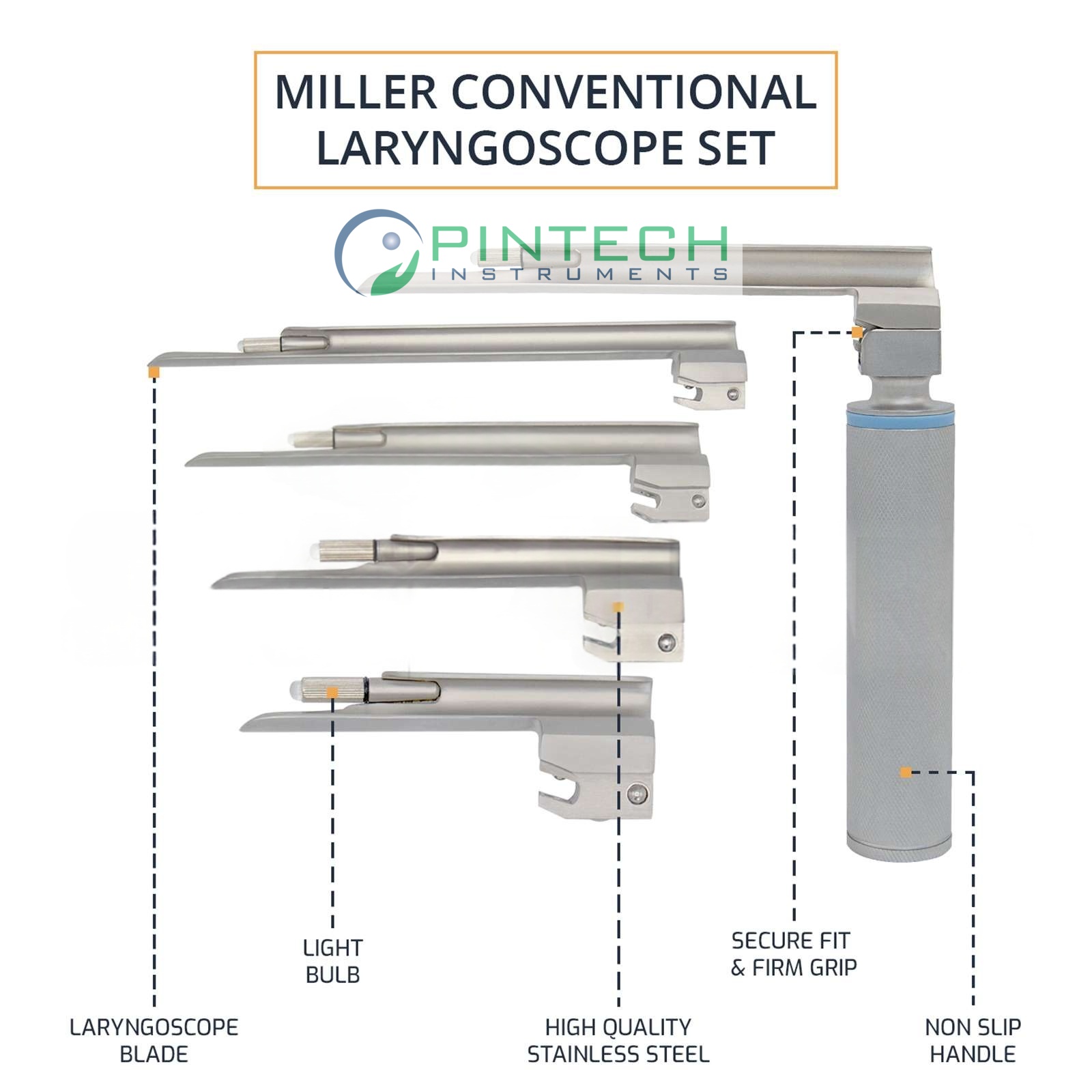 5 Pcs Miller Conventional Laryngoscope Blades #0-#4 - Airway Intubation Instrument Art No PTI-LAR-130 — Surgical Instruments detail view