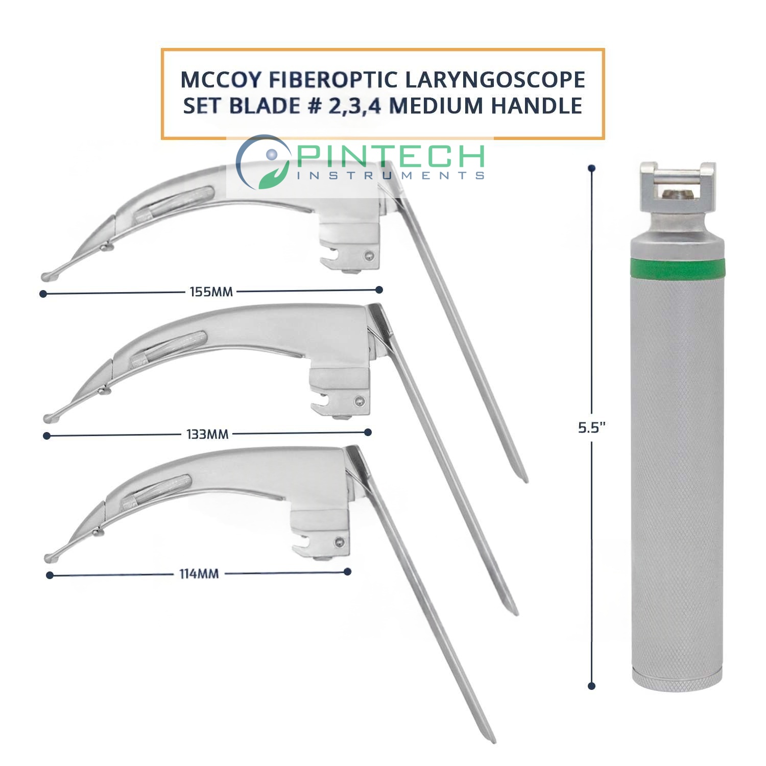 4 Pcs McCoy Fiber-Optic Laryngoscope Set - Blades #2, #3, #4 with Handle - Anesthesia Airway Kit Art No PTI-LAR-104 — Surgical Instruments detail view