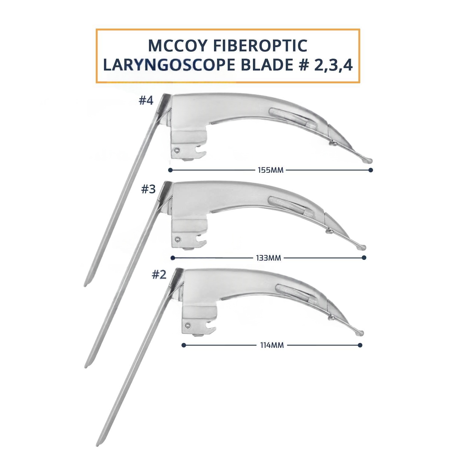 3 Pcs McCoy Fiber-Optic Flex-Tip Laryngoscope Blades #2-#4 - Airway Intubation Instrument Art No PTI-LAR-108 — Surgical Instruments detail view