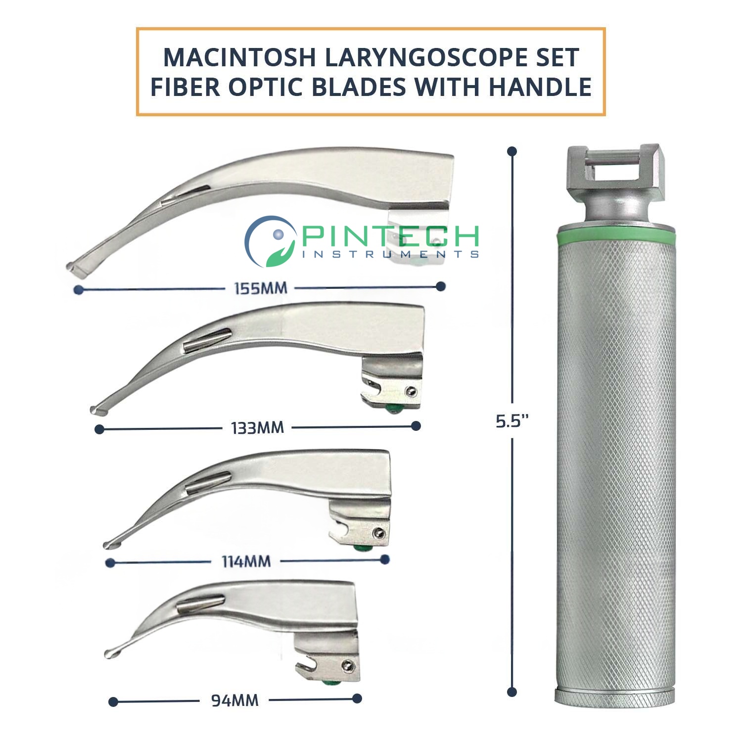 Macintosh Fiber-Optic Blade #4 with Medium Laryngoscope Handle - Airway Intubation Instrument Art No PTI-LAR-112 — Surgical Instruments detail view