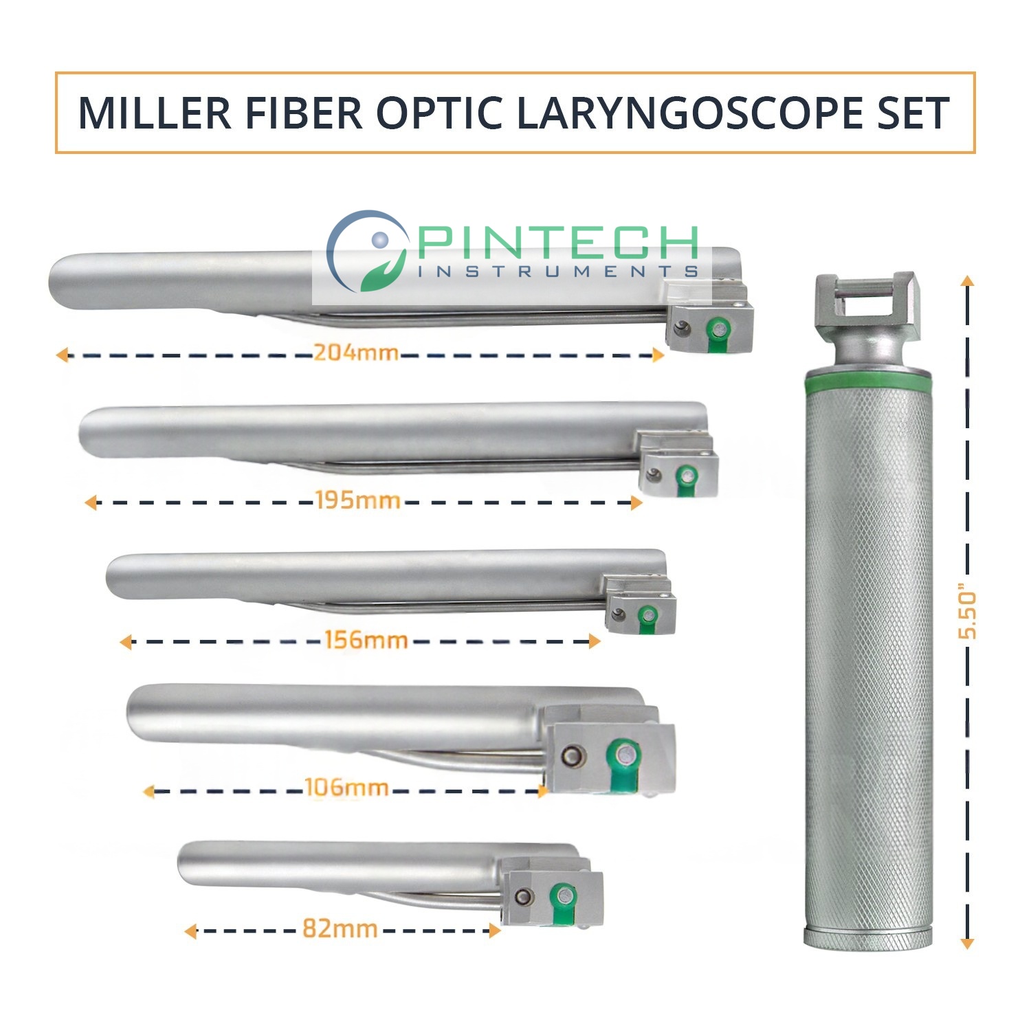 6 Pcs Miller Fiber-Optic Laryngoscope Set - Reusable - Anesthesia Airway Kit Art No PTI-LAR-129 — Surgical Instruments detail view