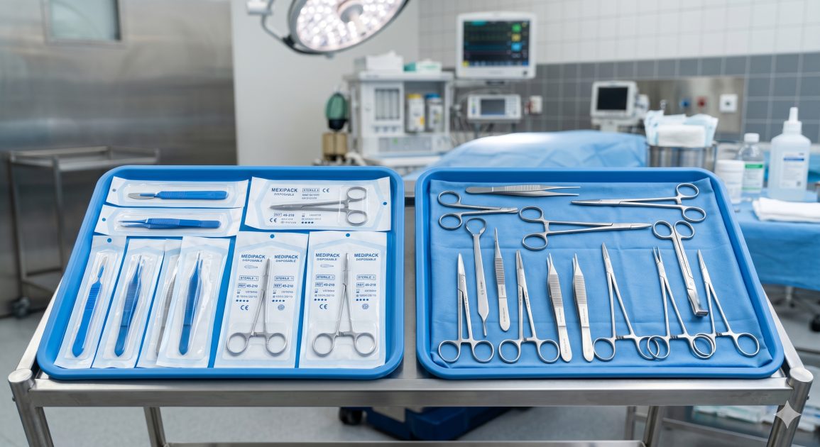 Single-use disposable surgical instrument pouch next to reusable stainless steel haemostatic forceps — comparison by Pintech Instruments Sialkot Pakistan
