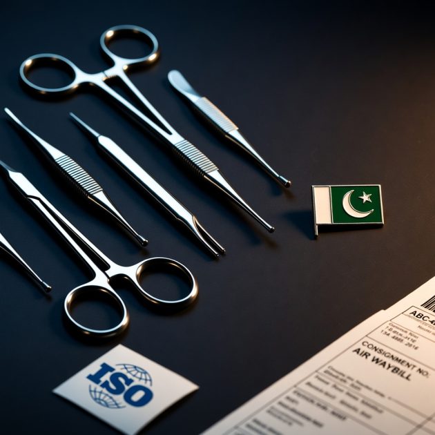 Collection of polished stainless steel surgical instruments with export documentation — sourcing guide from Sialkot Pakistan by Pintech Instruments