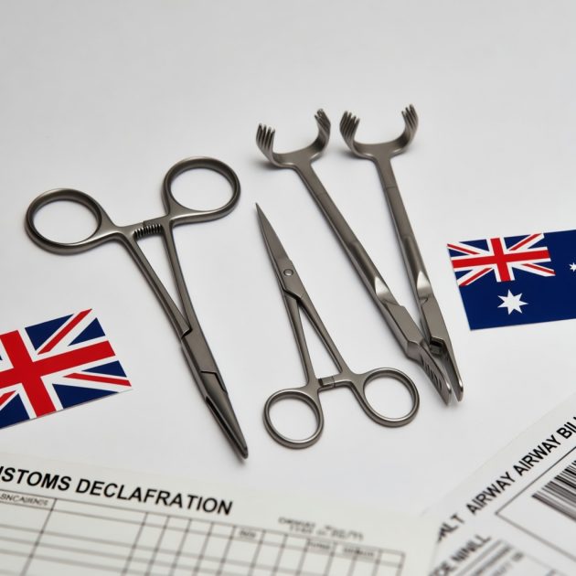 Stainless steel surgical forceps with UK and Australian flags and import documentation — import guide by Pintech Instruments Sialkot Pakistan