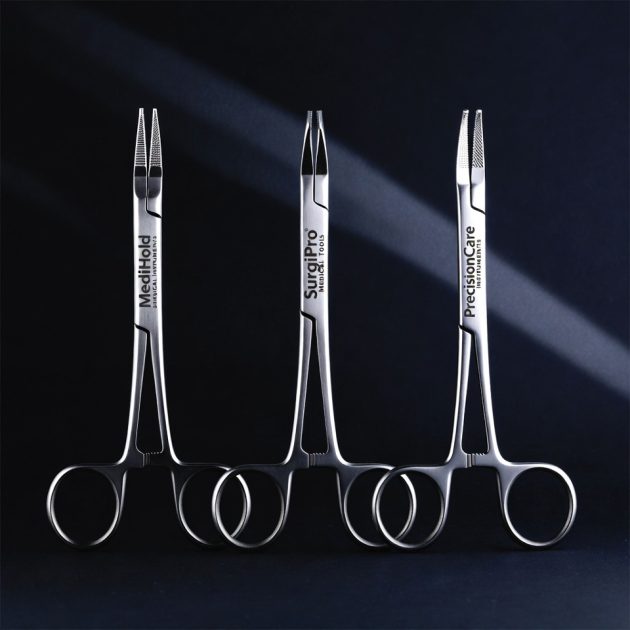 Stainless steel surgical forceps with laser-engraved brand names illustrating OEM private label manufacturing — by Pintech Instruments Sialkot Pakistan